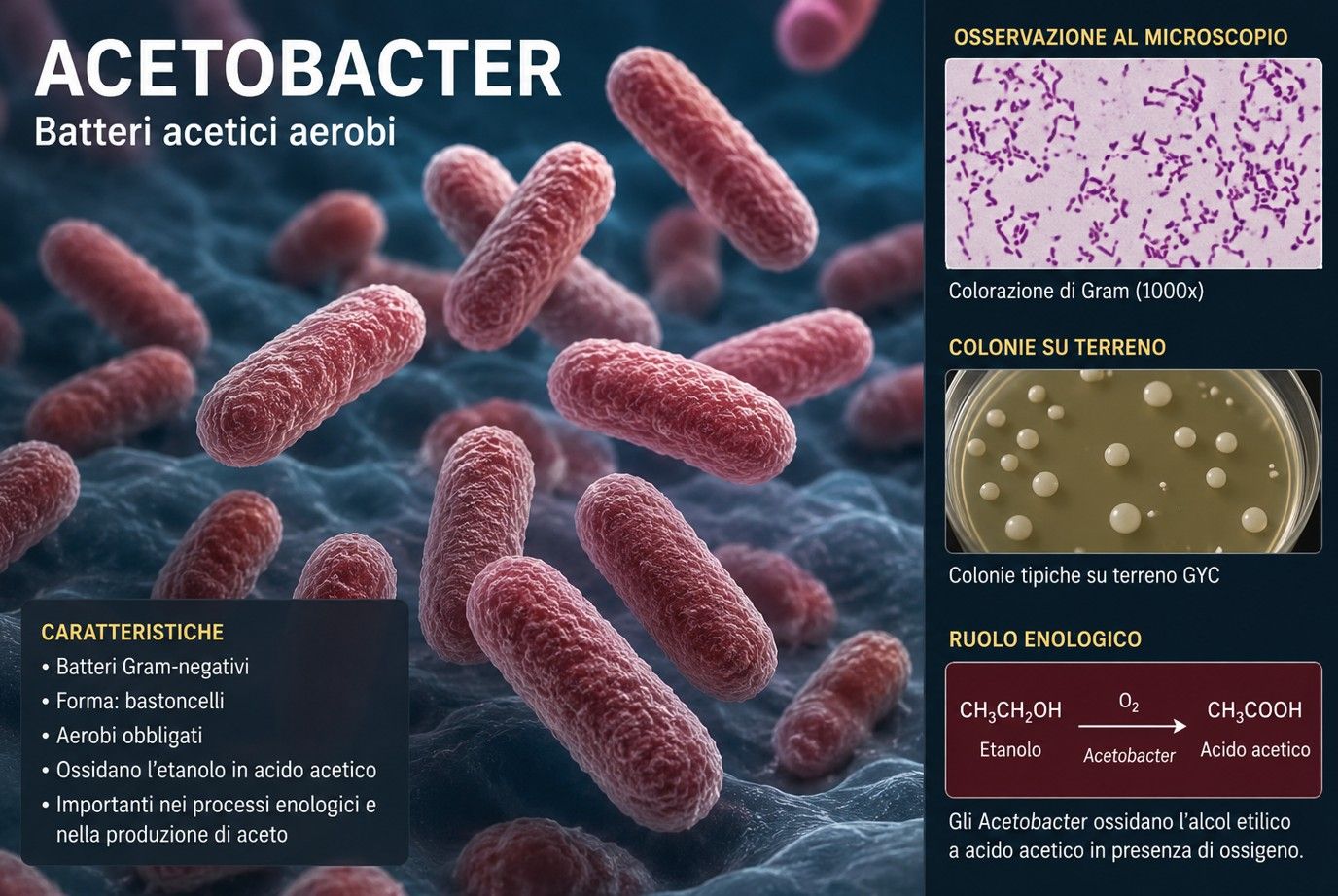 Reazione di conversione dell'alcol in acido acetico ad opera dei batteri Acetobacter